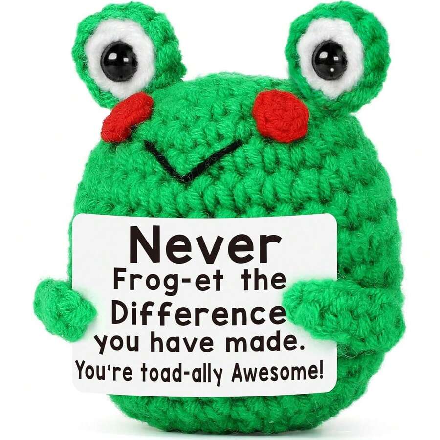 1pc Handmade Crochet Blush Frog Figurine, Knitted Green Toad Ornament With Rectangular Quote Card, Woven Amphibian Desktop Decor, Mini Craft Accessory For Home Office Shelf, Daily Gift For Friends Colleagues Family - Multicolor - View 1