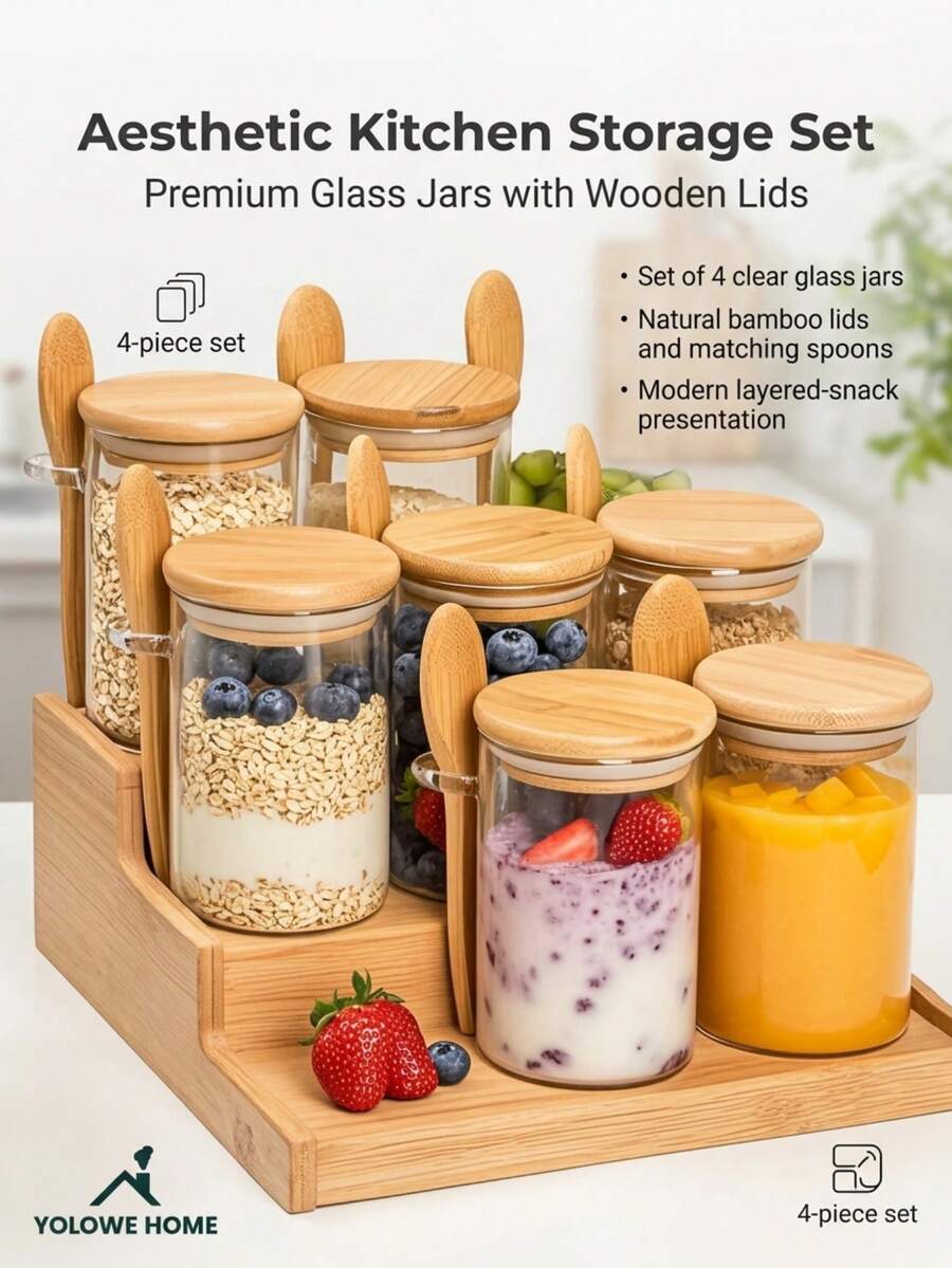 4-Piece Set Sealed Food Storage Containers For Kitchen And Fridge Organization, Large Size - Perfect For Rice, Pasta, Tea, Nuts And Coffee Beans - Dishwasher , Includes 4 Wooden Spoons