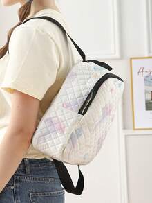 1pc Diamond Pattern Backpack, School Bag, Storage Bag, Travel Storage Backpack, Ocean Print Design, Large Capacity Foldable Easy Storage Bag, Lightweight Burden Reduction, Reinforced Double Shoulder Straps + Zipper Closure, Large Capacity Storage More Organized, Convenient And Practical For Accessing Items, Can Be Used As Student School Bag, Girl's Commuter Backpack, Short Trip Bag, Campus Casual Backpack, Suitable For School Books, Daily Commute, Outdoor Travel - Multicolor - View 7