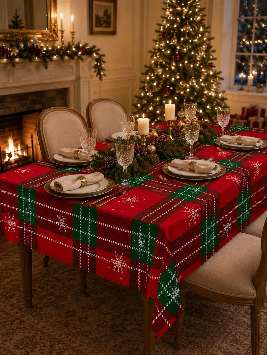 Christmas Party Tablecloth, Buffalo Plaid And Snowflake Pattern, Suitable For Christmas Party, Kitchen Dining Table Decor And Winter Home Decoration - Multicolor - View 1
