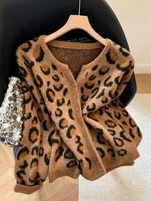 Women's Vintage Leopard Print Fuzzy Knit Cardigan, Round Neck Button Front Loose Sweater Jacket, Autumn/Winter Daily Wear - Khaki - View 4