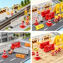 Mini Traffic Barrier Road Cones Sign Model Set, HO Scale Train Railway Diorama Scene Accessories, Mini Construction Fence Warning Sign Figurines For Railroad Layout Micro Landscape DIY Craft Hobby Supplies - H - View 9