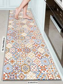 1 Pc Pink Geometric Floral Tiles Pattern Kitchen Mat, 3.5 Mm Soft Rubber That Absorbs Water And Is Easy To Clean. Suitable For Corridors, Bathrooms, Living Rooms, Outdoor Door Mats, And Toilets. Useable Throughout The Year And For Various Holidays. - Multicolor - View 19