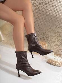 Women's Vintage-Style Color-Block Ankle Boots Featuring A Glossy Finish, Pointed Toe, Kitten Heel, And Back Zipper-A Stylish And Versatile Choice. - Brown - View 4