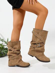 Camel Strap Buckle Detachable Leg Boots Slip-On Chunky Low Heel Round Toe Elegant Versatile Comfortable Vacation Commute Daily Fashion Mid-Calf Boots Women's - Camel - View 6