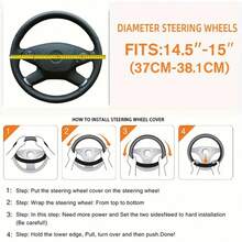 1件人造羊皮軟皮革水鑽閃亮汽車方向盤套，適用於14.5-15英吋圓形方向盤，汽車內飾配件，中性黑色 - A - 查看 6