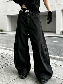 Men's Spring/Autumn Casual Fashion Straight Leg Cargo Pants With Side Pockets And Button Closure For Outdoor Wear - Black - View 1