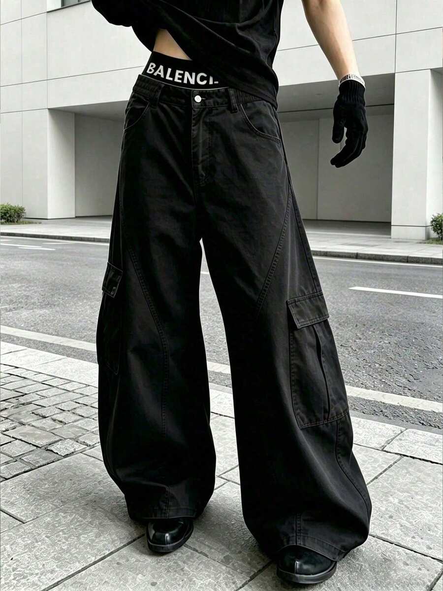 Men's Spring/Autumn Casual Fashion Straight Leg Cargo Pants With Side Pockets And Button Closure For Outdoor Wear - Black - View 1