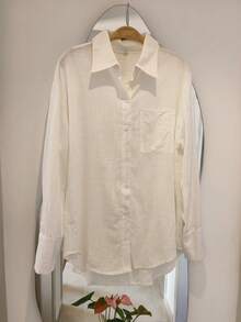 Women's Long Sleeve Button-Down Shirt - 白色亞麻 - 查看 6