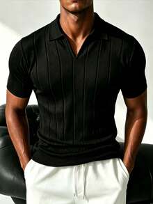 ZYNTH BALENO Men's Summer Striped Airplane Collar Short Sleeve Sweater, Suitable For Outdoor Sports And Gym Workouts - Black - View 2