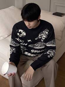 Teen Boys Soft Space Element Pattern Colorblock Design Sweater, Casual Loose Round Neck Knit Pullover - Black - View 5