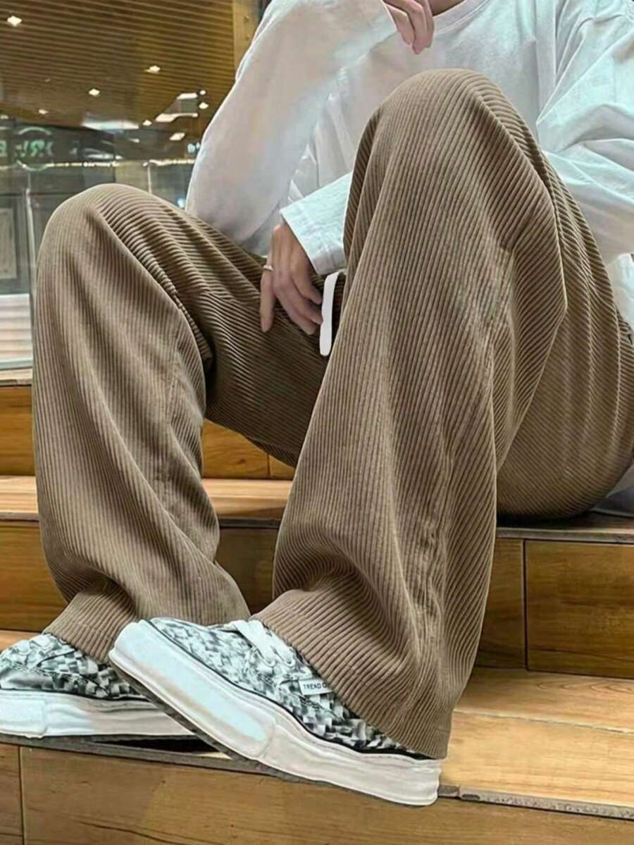 Men's Vertical Striped Corduroy Wide Leg Casual Pants, Elastic Drawstring Straight Leg Long Pants, Autumn Loose Drapey Floor-Length Trousers - Coffee Brown - View 1