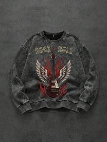 Simple-Men's Vintage Washed Crew Neck Sweatshirt, Rock N Roll Guitar Wings Flame Graphic Print, Heavy Metal Streetwear Oversized Pullover Top - Black - View 3