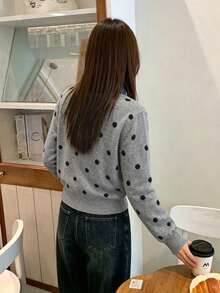 Polka Dot 2 In 1 Denim Patchwork Polo Collar Knit Sweater Cardigan - Grey - View 9
