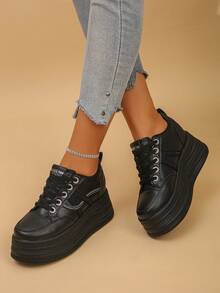 Women's Wedge Platform Sneakers With Letter Glitter, Casual Lace-Up Metal Eyelets, Sporty Style For Home Wear, Spring/Autumn - Black - View 4