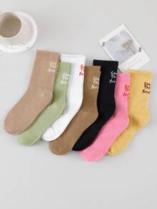 1/4/7 Pairs Random Men's Soft Macaron Solid Color Vertical Stripe Mid-Calf Socks, Minimalist English Letter Versatile Comfortable Smiling Face Socks - Multicolor - View 7
