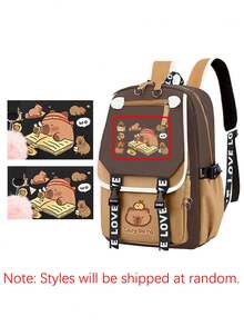 1pc Cute Capybara Colorblock Backpack, Lightweight Multi-Compartment Student Bag, Can Hold Textbooks, Laptop And Umbrella, Unisex - Brown - View 7