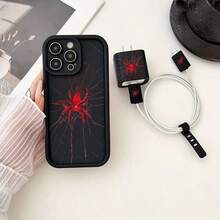 Set 5pcs Casing Ponsel Bambu Hitam Merah Motif Laba-laba + Penutup Kepala Charger + Pelindung Kabel + Tali Penyimpanan TPU Anti-Jatuh, Casing Ponsel Apple, Kompatibel dengan Apple 17 16e 16 15 14 13 12 11 Mini Pro Max Air X XR XSMAX 8 7 Plus, Casing Belakang Matte Anti-Jatuh, Casing Pelindung Smartphone, Casing untuk Penggunaan Sehari-hari, Aksesori Ponsel Modis, Desain Kreatif, Desain Cetak UV, Casing Pelindung Modis, Pecinta Mode, Pecinta Musik, Sempurna sebagai Hadiah Ulang Tahun - MultiWarna - View 4