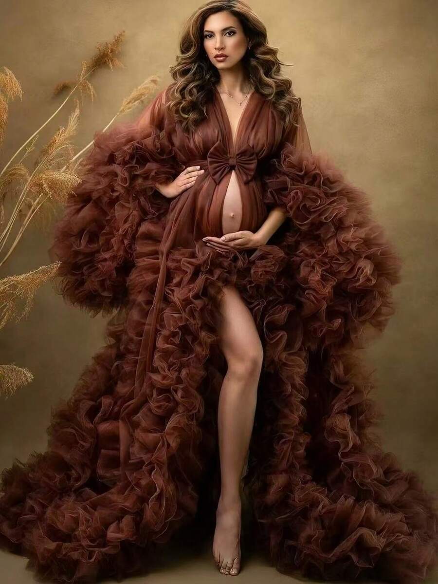 European & American Bridal Wedding Dress, Versatile Sexy Lace-Up Maternity Morning Robe, Bathrobe, Nightgown - Coffee Brown - View 1