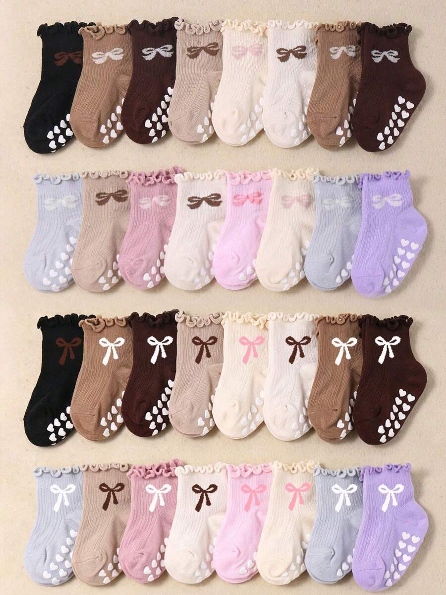 6/12/24 Pairs Random Baby Ruffle Socks, Anti-Slip, Cute Bow Pattern, Newborn Essentials Stuff, Fall Socks, Baby Shower Gifts, Halloween, Ruffle Socks - Multicolor - View 1