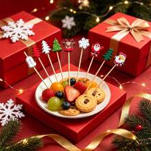 1/10/20/30/50/80/100/200/400pcs Christmas Theme Wooden Decorative Bamboo Skewers, Multiple Cartoon Designs Including Santa Claus, Reindeer, Christmas Tree, Snowflake, Snowman, Suitable For Christmas Party Holiday Gatherings, Can Decorate Fruit Platters, Cakes, Desserts, Create Festive Atmosphere, Home Party Tabletop Decoration Accessories - Multicolor - View 9