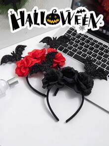 Halloween Glitter Bat Black Rose Funny Cute Headband Ghost Festival Party Decoration Hair Accessory Set - Multicolor - View 3
