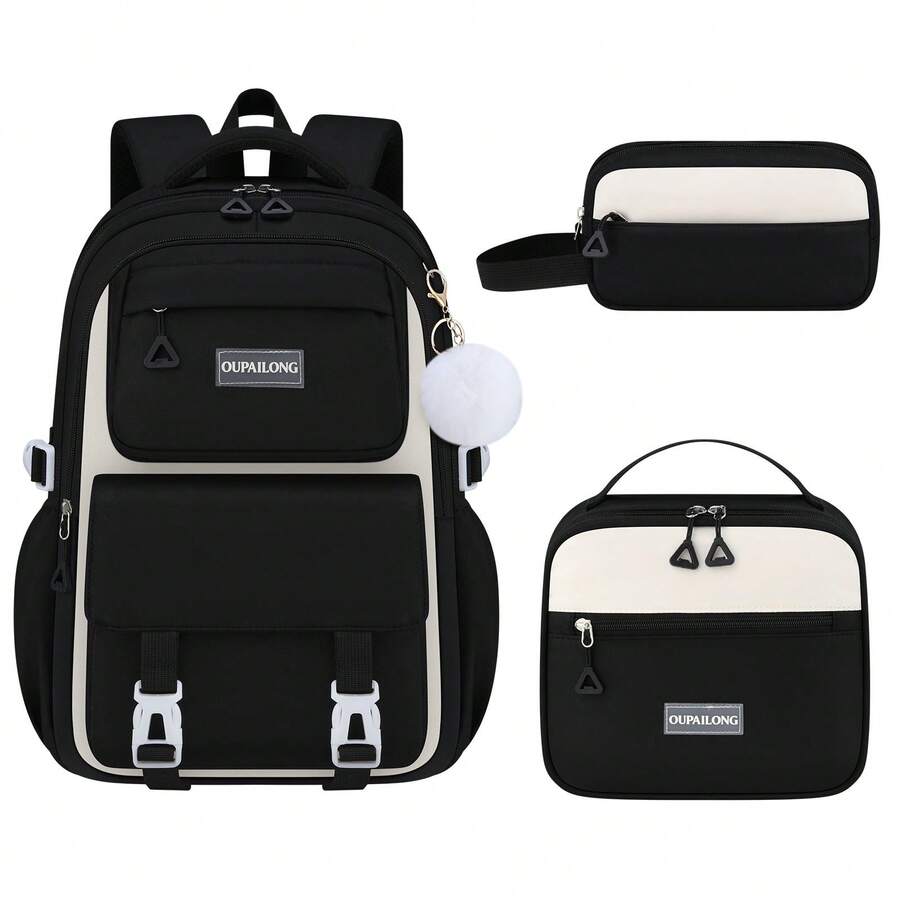 3pcs Campus Backpack, Tote Bag And Small Handbag Set, With Fur Ball Pendant, Adjustable Shoulder Strap, Multi-Compartment Large Capacity Backpack, Double Zipper Closure, Suitable For Campus, Travel And Daily Use. - Sets - View 1