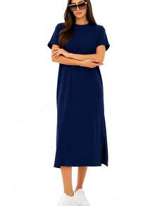 Summer Casual Solid Color Slit Dress - Teal Blue - View 2