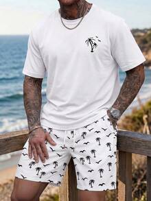 Men's Summer Round Neck Casual T-Shirt And Shorts Set - White - View 2