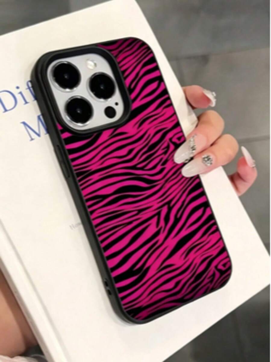 1pc Black & Pink Zebra Pattern Full Coverage TPU Anti-Drop Phone Case Compatible With Apple 16 15 14 13 12 11 Pro Max - Multicolor - View 1