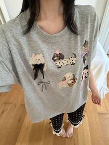 2pcs/Set Women's Pajamas Loungewear Set, Cute Animal Pattern Crew Neck Short Sleeve Polka Dot Print Cropped Pants Comfortable Home Style - Grey - View 6