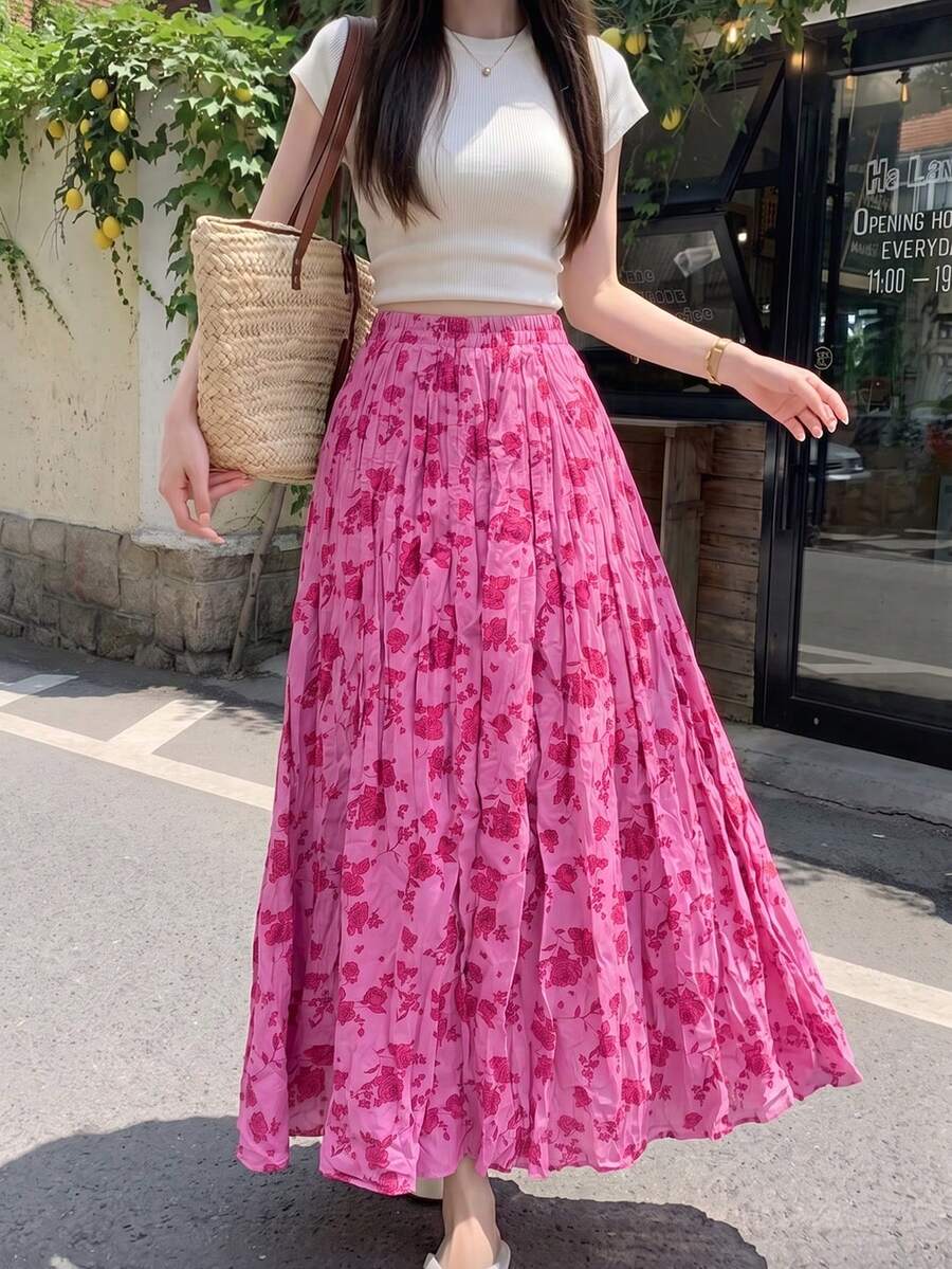 Women's Bright Pink Floral Bohemian Style Maxi Skirt, Flared Pleated Woven Skirt With Ruffle Hem Detail Summer - Hot Pink - View 1
