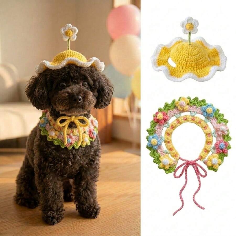 1 Set Handmade Crochet Pet Hat And Bib Set, Cute Floral Crochet Hat And Colorful Drool Bib, Suitable For Cats And Dogs, Adjustable Soft Neck Accessory, Daily Wear, Photo Prop, Party, Gift For Pet Lovers