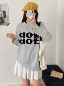 Women's Spring/Autumn Pure Fashion Loose Versatile Letter Cartoon Print Long Sleeve T-Shirt Casual - Light Gray - View 2