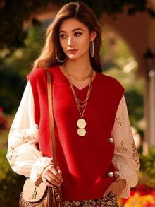 Plus Size Women Wine Red V Neck Sleeveless Knit Vest Side Metal Button Loose Fit Pullover Sweater Vest Autumn Winter Fashion Fall - Red - View 3