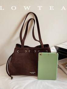 low tea 1pc Minimalist Fashion Suede Fabric Shoulder Small Tote Bag, Suitable For Commuting, Shopping, Etc. - Coffee - View 4