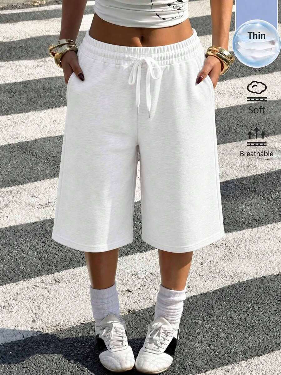 女款 Y2K 時尚寬鬆純色運動短褲,女款休閒長褲,居家休閒百慕達短褲,夏季風格 - 淺灰色 - 查看 1