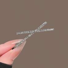 2pcs Silver Cross Rhinestone Hair Clips, Super Shiny Heavy Rhinestone Decorated Exquisite Straight Hair Clips For Women, Korean Style Side Bangs Hair Clips - Silver - View 4