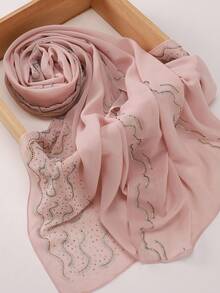 1pc Autumn/Winter New Luxury Wavy Edge Full Rhinestone Embellished Heavy Work Elegant Glamorous Muslim Hijab Chiffon Scarf - Coffee Brown - View 15