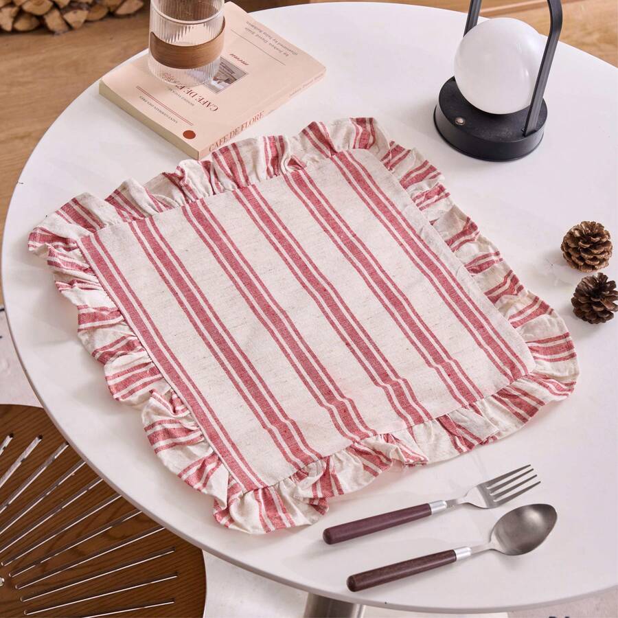 1/2/4/6/8pcs Red Triple Stripe Ruffle Edge Square Placemats, Multiple Quantity Options, Versatile For Home Kitchen Table Decor, Water Cup Bowl Plate Anti-Slip Mat, Suitable For Holiday Party Birthday Wedding Dinner Office Desk Coffee Table Home Decor Room Decor Dorm Decor All Season - Red - View 1