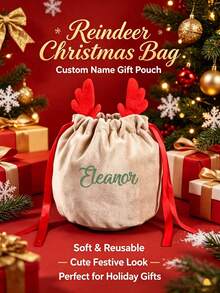 Custom Text Logo Personalized Christmas Reindeer Drawstring Gift Bag, Customized Text Velvet Christmas Gift Bag With Cute Antler Decoration, Reusable Soft Holiday Candy Gift Bag, Suitable For Children's Family Christmas Party Gift Packaging, Christmas Eve Stocking Decoration And Customized Souvenir Gift Storage Bag - Multicolor - View 3