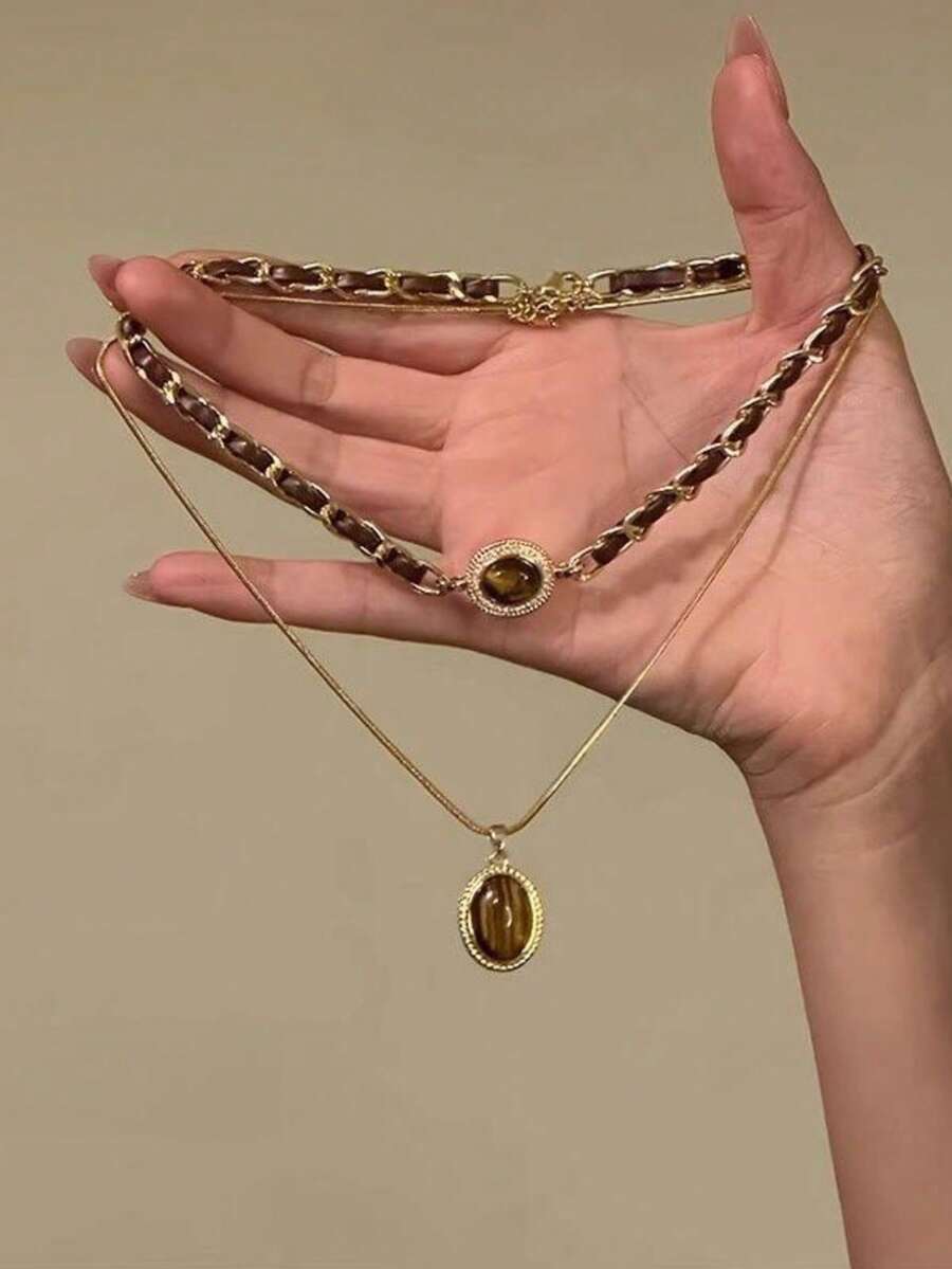 女款復古金色虎眼石項鍊,小眾設計層次感毛衣鍊,秋冬鎖骨鍊飾品 - 彩色 - 查看 1