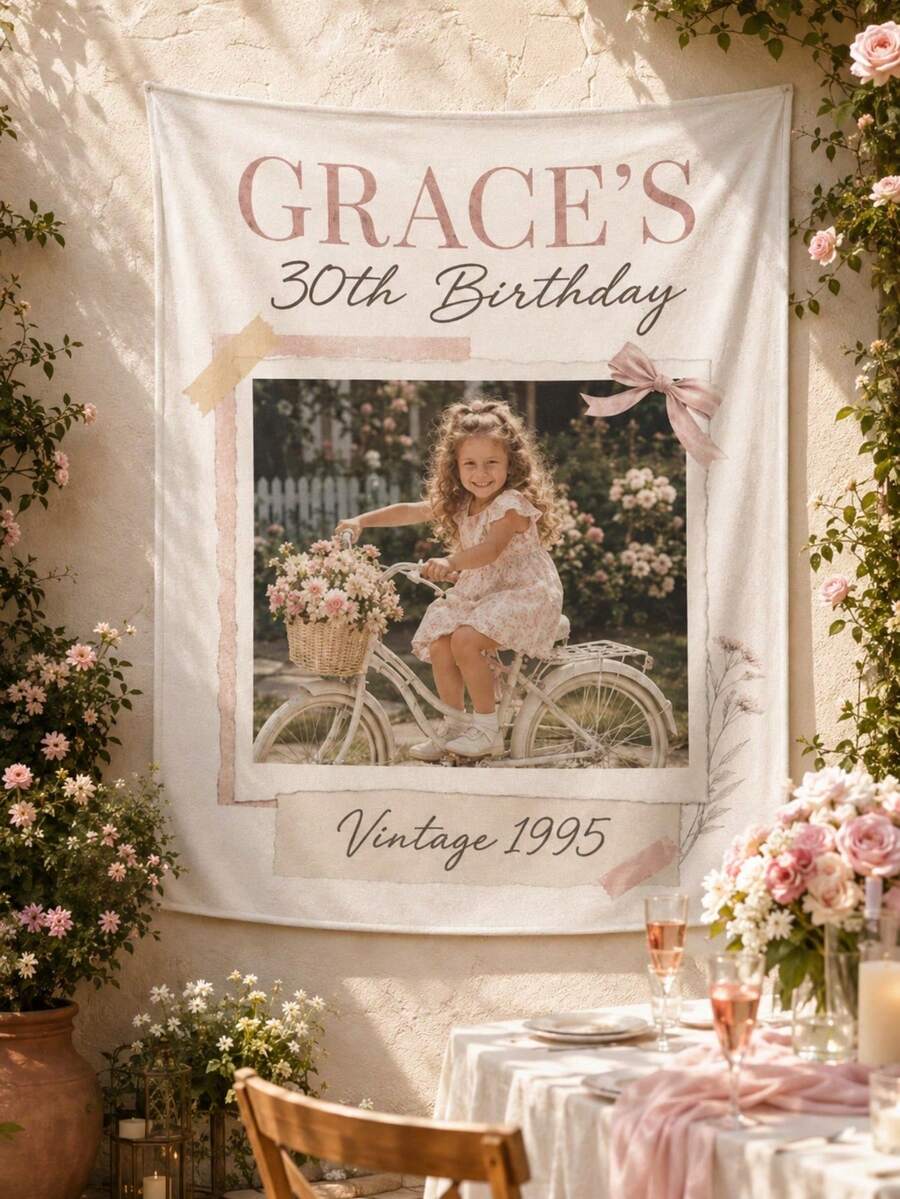 Customized Vintage Photo Tapestry, Personalized Birthday Party Wall Decor, Retro Movie Style Image Banner, Customized Text And Photo Fabric Poster, Birthday Celebration Backdrop, Unique Memorial Gift For Friends, Family And Loved Ones