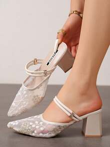 Fashion Versatile 2-Way White Snowflake Lace Mesh Double Thin Strap Pointed Toe Chunky Heel Backless Half-Sling Sandals - Beige Snowflake - View 5