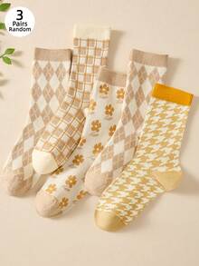 3 Pairs Women's Mid-Calf Socks, Diamond Floral Pattern Autumn Back To School Ankle Socks, Comfortable And Versatile - Multicolor - View 2