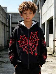 Lurzo Boys Gothic Style Halloween Zipper Hoodie, Red Spider Web Pattern Zip-Up Jacket, Easy To Put On And Take Off, Suitable For Daily/Halloween Wear - Black - View 3