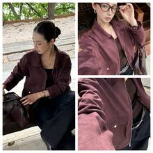 Women's Autumn Jacket, Vintage Suede Material, Vacation & Commute, Loose Collegiate Style, Casual Short Motorcycle Jacket - Burgundy - View 10