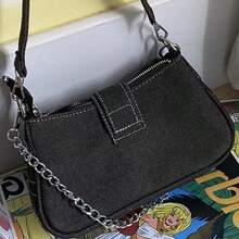 Black Star Pattern Denim Shoulder Bag, Unique Buckle Chain Baguette Bag, Vintage Niche Shoulder/Crossbody Bag - Multicolor - View 5