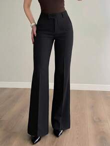SMILE CHIC New Women's Fashion Slimming Straight Leg Trousers Fabric Zipper Button Office College Daily Black - Black - View 2