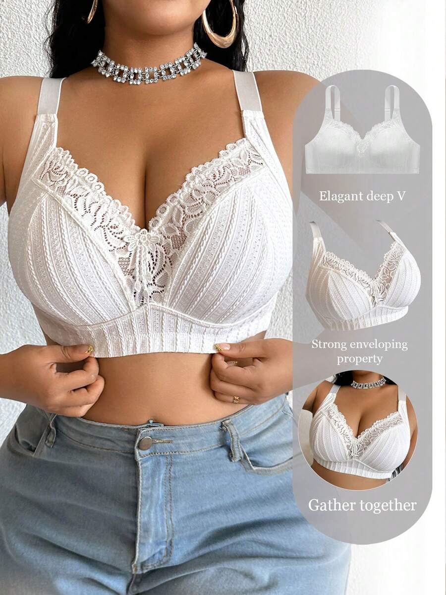 1pc Casual Comfortable Minimalist Plus Size Women's Lace Patchwork Wireless Soft Bra - White - View 1